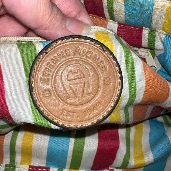 Etienne Aigner Tan Canvas & Faux Leather Shoulder Bag With Colorful Striped Inte - Picture 6 of 11